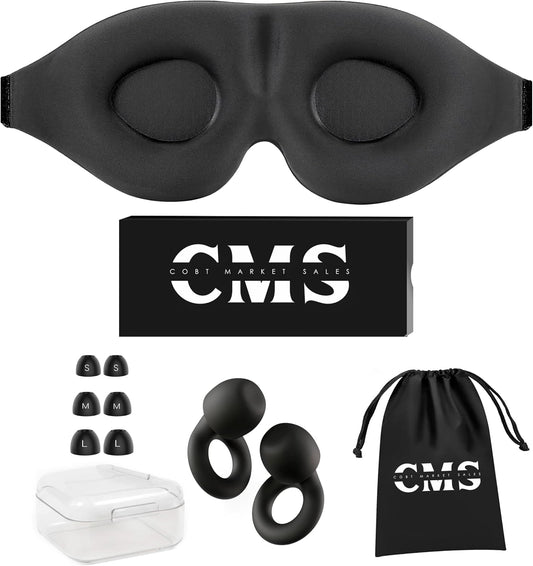 3D Contoured Sleep Mask with Earplugs Set - 100% Blackout Memory Foam Eye Mask for Sleeping - Soft Comfortable Night Blindfold for Side Sleepers, Men & Women, Travel & Shift Work (Black)