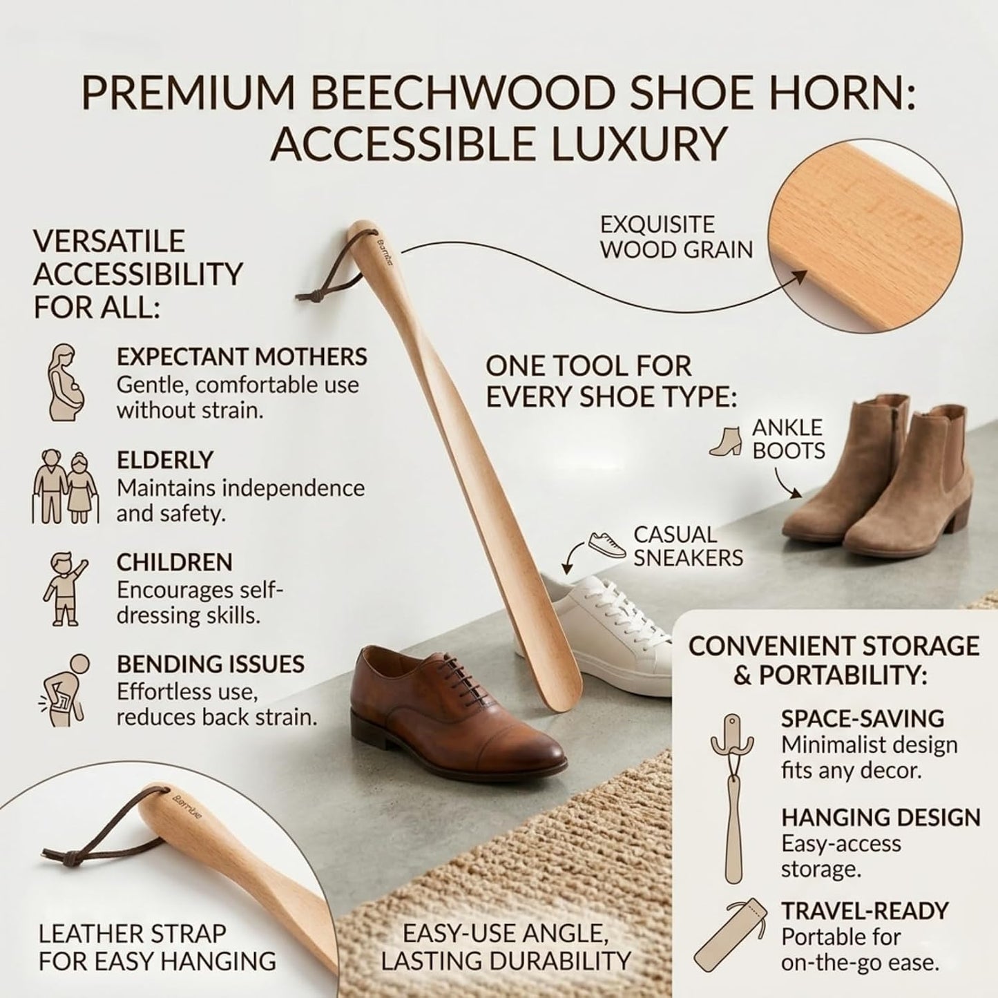 Bamber Wooden Shoe Horn Wood Shoehorn with Handle for Seniors Women Men Kids, 15'' Long, Black Walnut