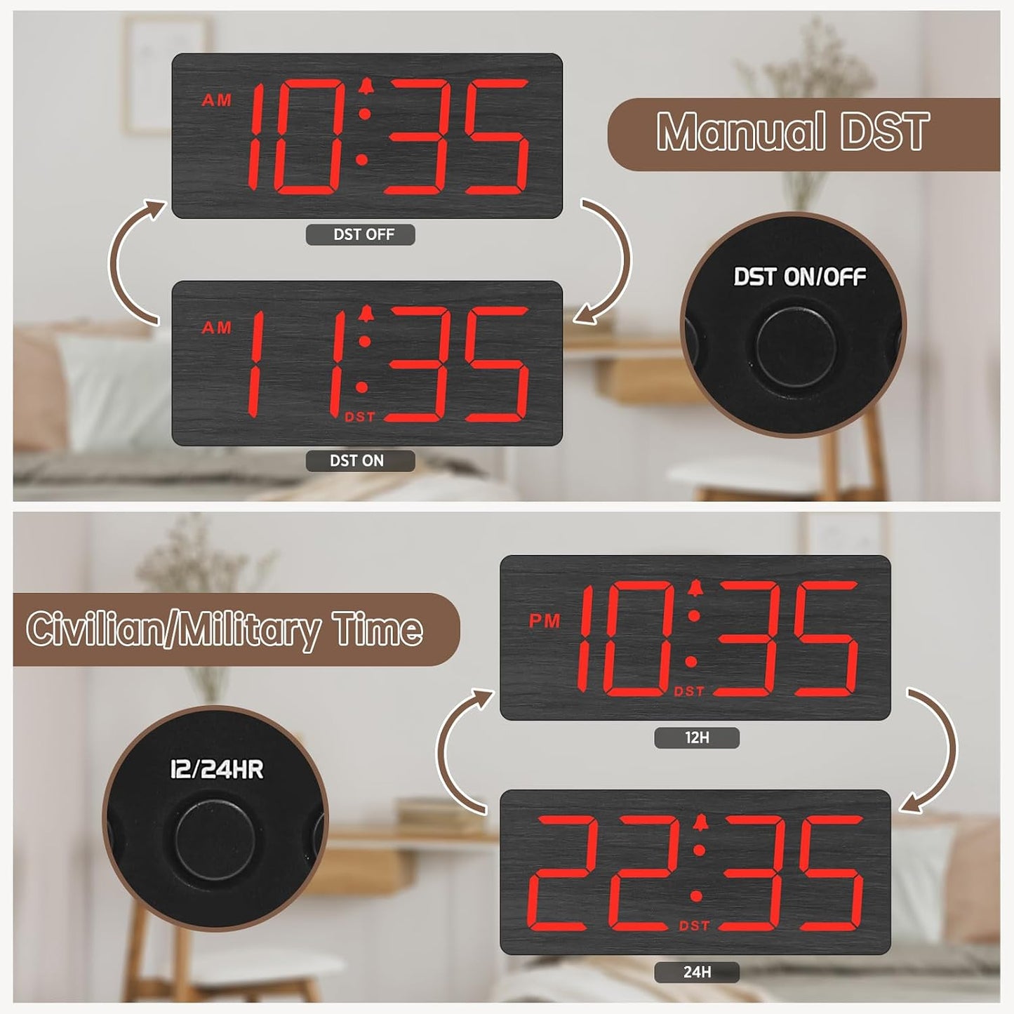 DreamSky Wooden Digital Alarm Clock for Bedroom with Large Numbers | Desk Clock for Living Room Office, Loud Alarm for Heavy Sleepers Adults, Volume Control, Dimmer, DST, Wood Decor (Plug-in)