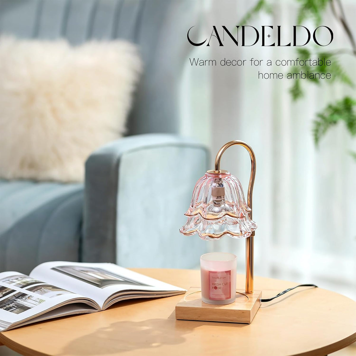 Candeldo Candle Warmer Lamp with Timer, Gold Flower Glass Shade