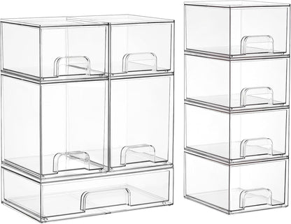 Vtopmart Clear Stackable Storage Drawers Set of 6, Plastic Organizer Bins | Multi-purpose Boxes for Bathroom Accessories Storage, Ideal for Cabinet, Shelf, Pantry, Laundry Room Organization