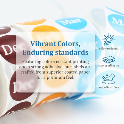 Decoendiy Month Labels Stickers, 12 Months of The Year Labels 1'' Color Coding Dot Self Monthly Adhesive Stickers 12 Rolls Round Dot Stickers- 500 Stickers per Day - 6000 Stickers Total