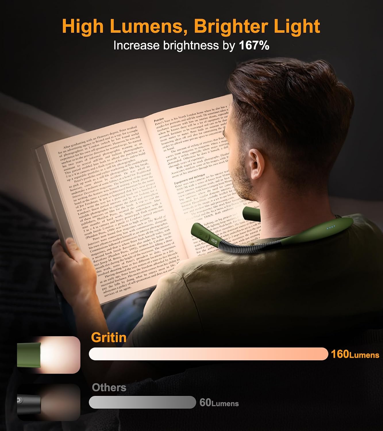 Gritin Book Light, Eye Caring 4-Color&5-Brightness Neck Light Reading Light | Stepless Dimming, 30-min Timer, 80+ Hrs Runtime, Bendable Round Neck Design, Lightweight for Reading, Knitting, Repairing