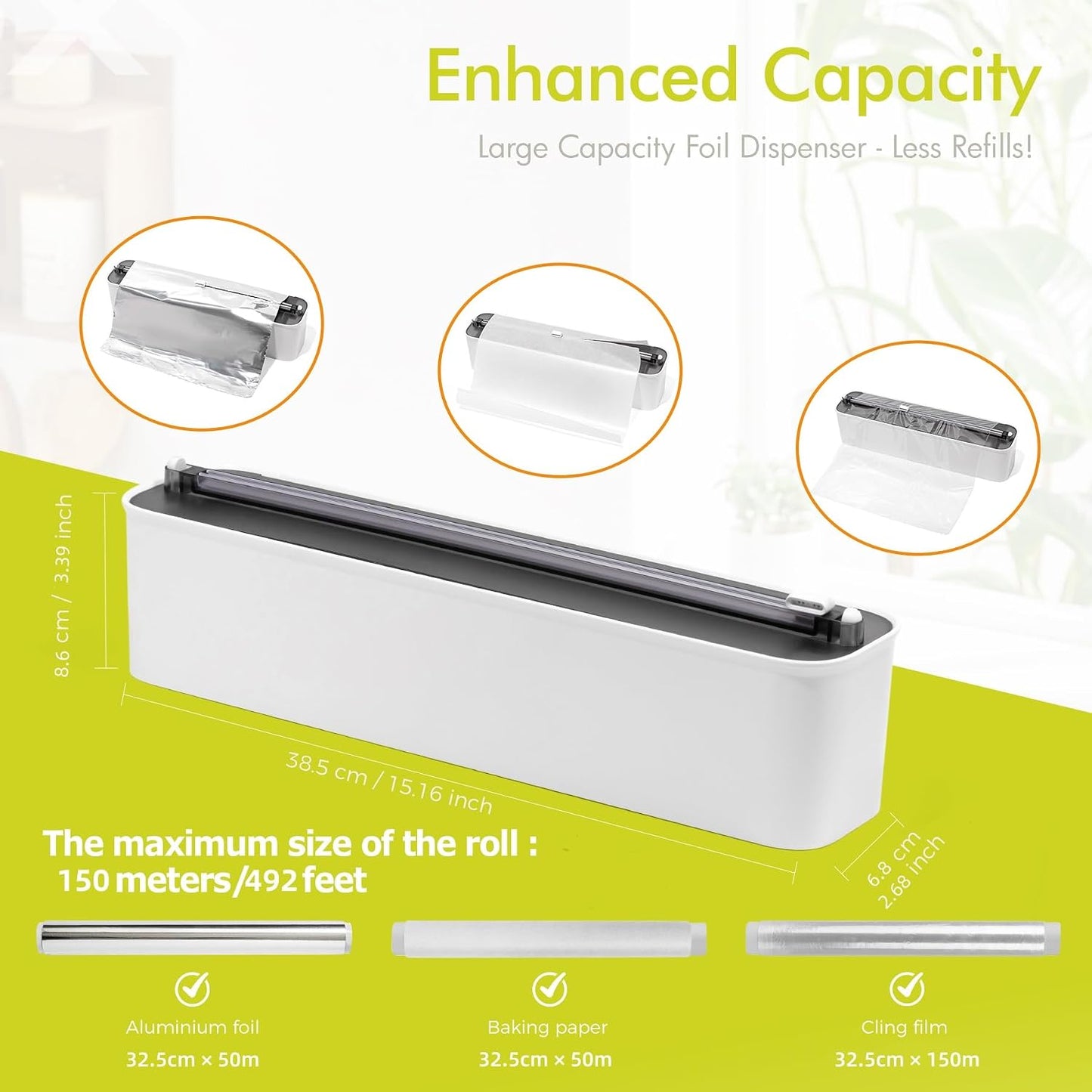 Aluminum Foil & Plastic Wrap Dispenser with Cutter - Magnetic & No-Drill Wall Mount, Cling Film Dispenser for Countertops & Cabinets, Space-Saving Kitchen Organizer - Fits 150 m Rolls, Black