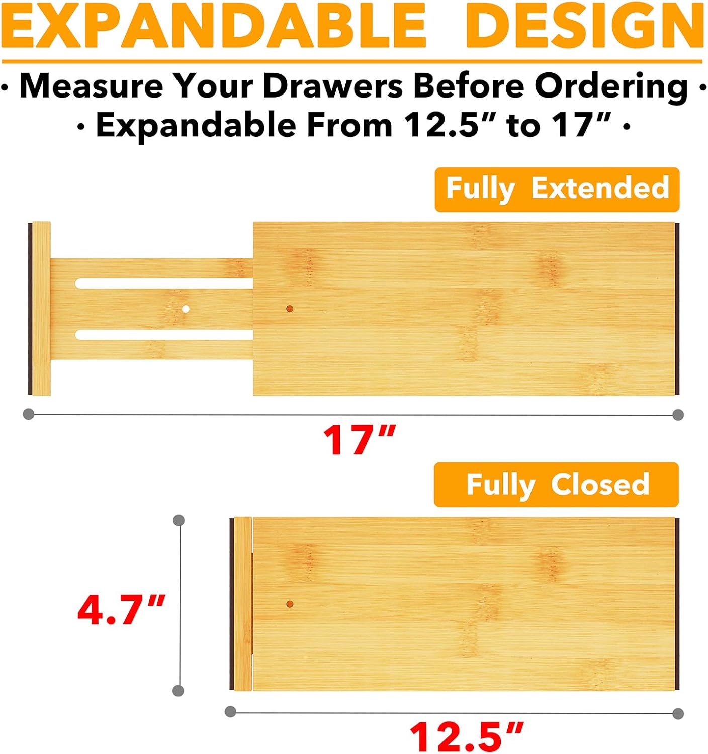 SpaceAid Bamboo 4 Pack Dresser Drawer Dividers, 4.65“ High Adjustable 12.5“-17” Drawer Organizers, Expandable Organization for Clothing, Clothes, Dressers, Black