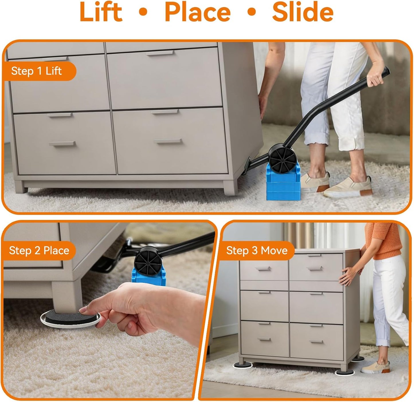 3.5 Inch Furniture Sliders with Lifter Tool, 12 PCS Multi-Surface Movers Kit for Carpet and Hardwood Floors, Heavy Duty Moving Pads, Appliance Slider Floor Protectors for Sofa Bed Table Cabinet