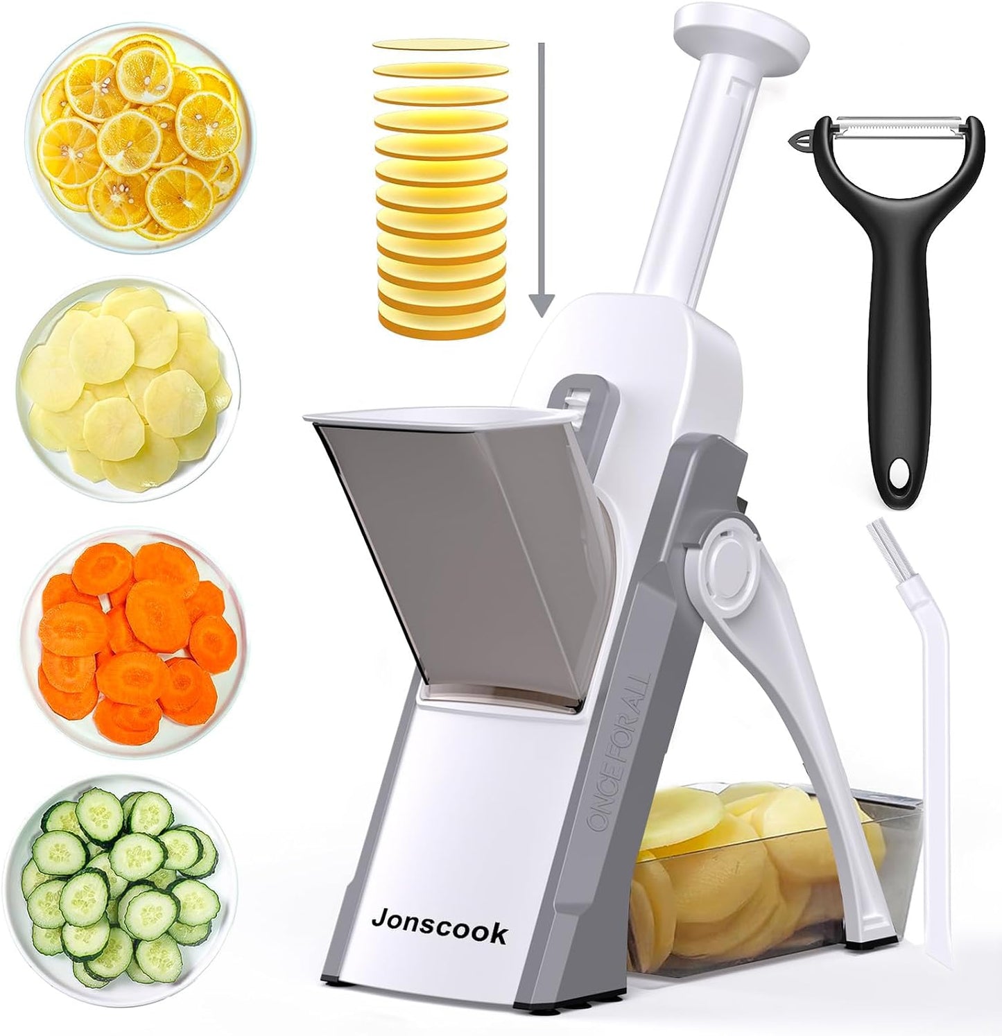 Jonscook All-in-1 Safe Mandoline Slicer for Kitchen, Vegetable Slicer with Container, Adjustable Veggie Mandoline, French Fry Cutter, Potato/Tomato/Onion Slicer, Grater/Cleaning Brush (Black Knight)