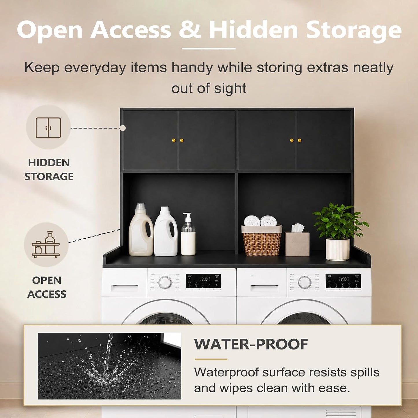 Washer Dryer Countertop with Cabinets, 2-Tier Laundry Countertop with Shelf | Washer and Dryer Topper with Edge, Over Washer and Dryer Shelves for Laundry Room, Universal Fit, 54.5"Wx27.5"Dx32.5"H