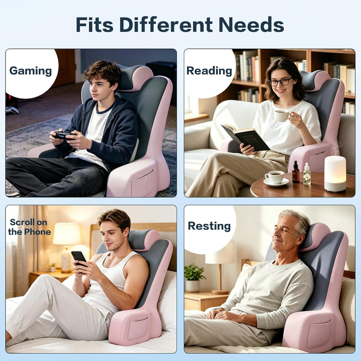 Reading Pillow- Memory Foam Back Pillow for Bed Sitting Up, Ergonomic Lumbar Support Cushion with Arms for Reclining, Gaming, Working, Resting, Watching TV﻿ (Grey)