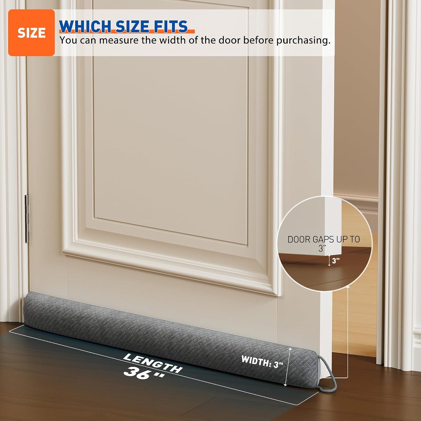 MAGZO Door Draft Stopper 36 Inches, Energy Saving, Gray | Weighted Sound Proofing for Door Draft Blocker, Under Door Gap Filler with Machine Washable Fabric