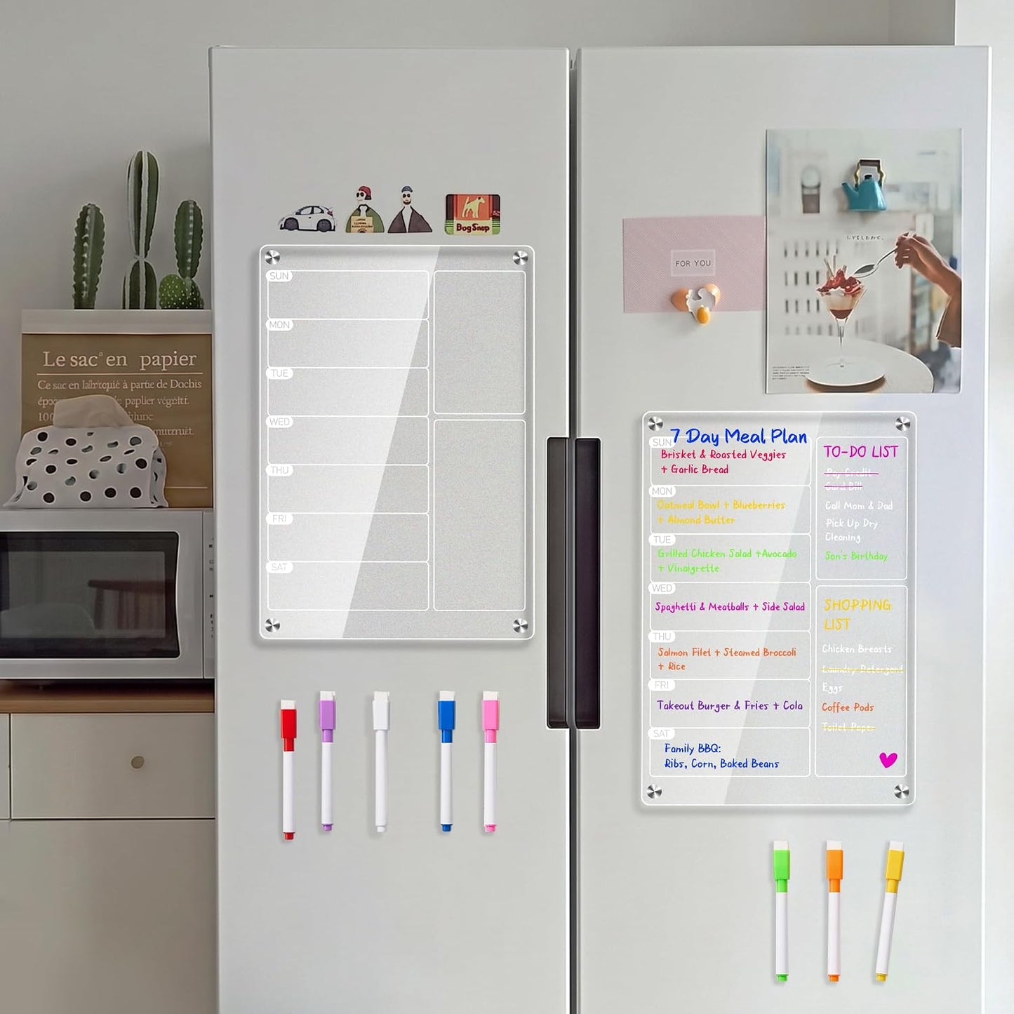 2 Pack Acrylic Magnetic Meal Planner for Fridge, Weekly Planner&Menu Board | With 8 Markers & 1 Towel, Magnetic Weekly Calendar For Fridge, To Do, Grocery & Chore Chart, Organization For Kitchen, White