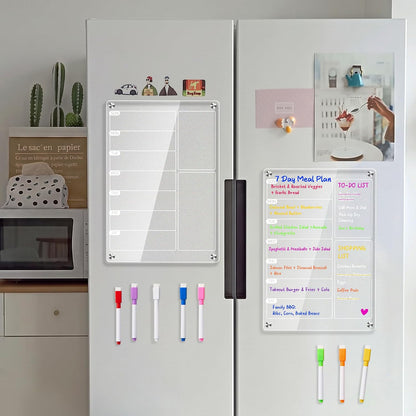 2 Pack Acrylic Magnetic Meal Planner for Fridge, Weekly Planner&Menu Board | With 8 Markers & 1 Towel, Magnetic Weekly Calendar For Fridge, To Do, Grocery & Chore Chart, Organization For Kitchen, White