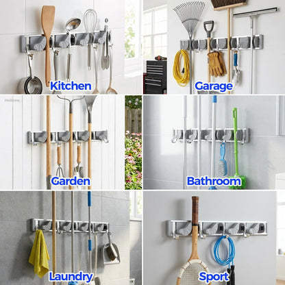Holikme Mop Broom Holder Wall Mount Metal Pantry Organization and Storage Garden Kitchen Tool Organizer Wall Hanger for Home Goods (4 Positions with 4 Hooks, Silver)
