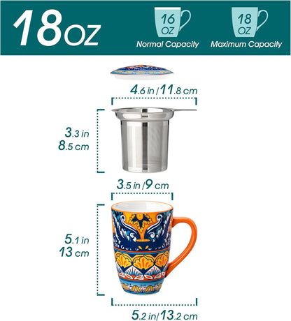 vancasso 18 Oz Tea Infuser Mug with Lid, Mint Petal Whirl | Eye catching Bohemian pattern, adds charm to any tea corner, ceramic mug with infuser, microwave and dishwasher safe