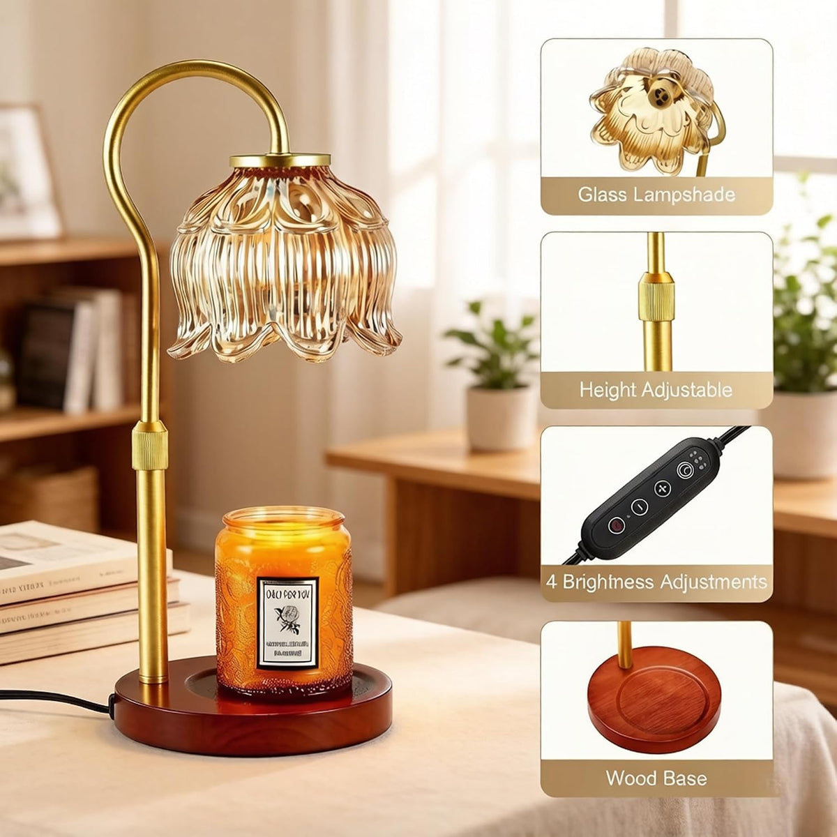 Dreamholder Electric Candle Warmer Lamp with Timer, Dimmable Candle Lamp with Adjustable Height, Wax Melter for Jar Candles Wood Base Floral Home Decor Gifts for Women Mom, Silver Glass