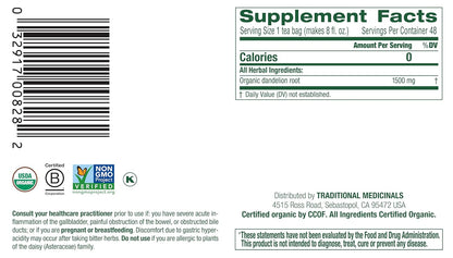 Traditional Medicinals Organic, Dandelion Leaf & Root - Dandelion Root Tea, Supports Normal Detox + Digestion - Kosher, Non-GMO, Caffeine-Free, Compostable - 16 Tea Bags