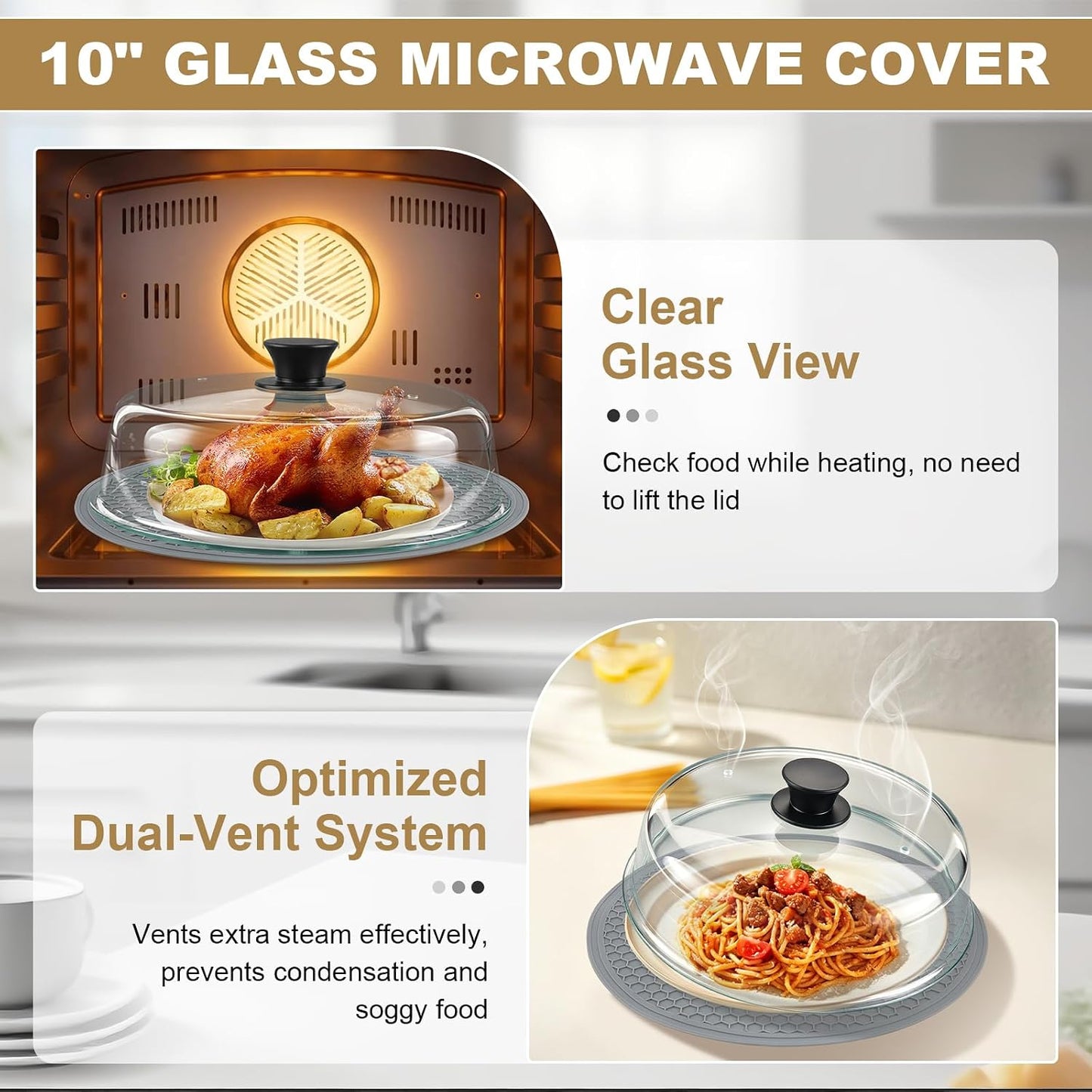 Microwave Splatter Cover & Silicone Place Mat, 10" Glass Splatter Guard Lid | Microwave Plate Cover for Food with Easy Grip Silicone Handle, Food Grade Borosilicate Glass, BPA Free, No Plastic