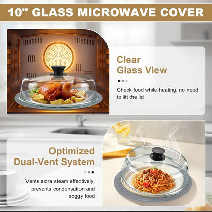 Microwave Splatter Cover & Silicone Place Mat, 10" Glass Splatter Guard Lid | Microwave Plate Cover for Food with Easy Grip Silicone Handle, Food Grade Borosilicate Glass, BPA Free, No Plastic
