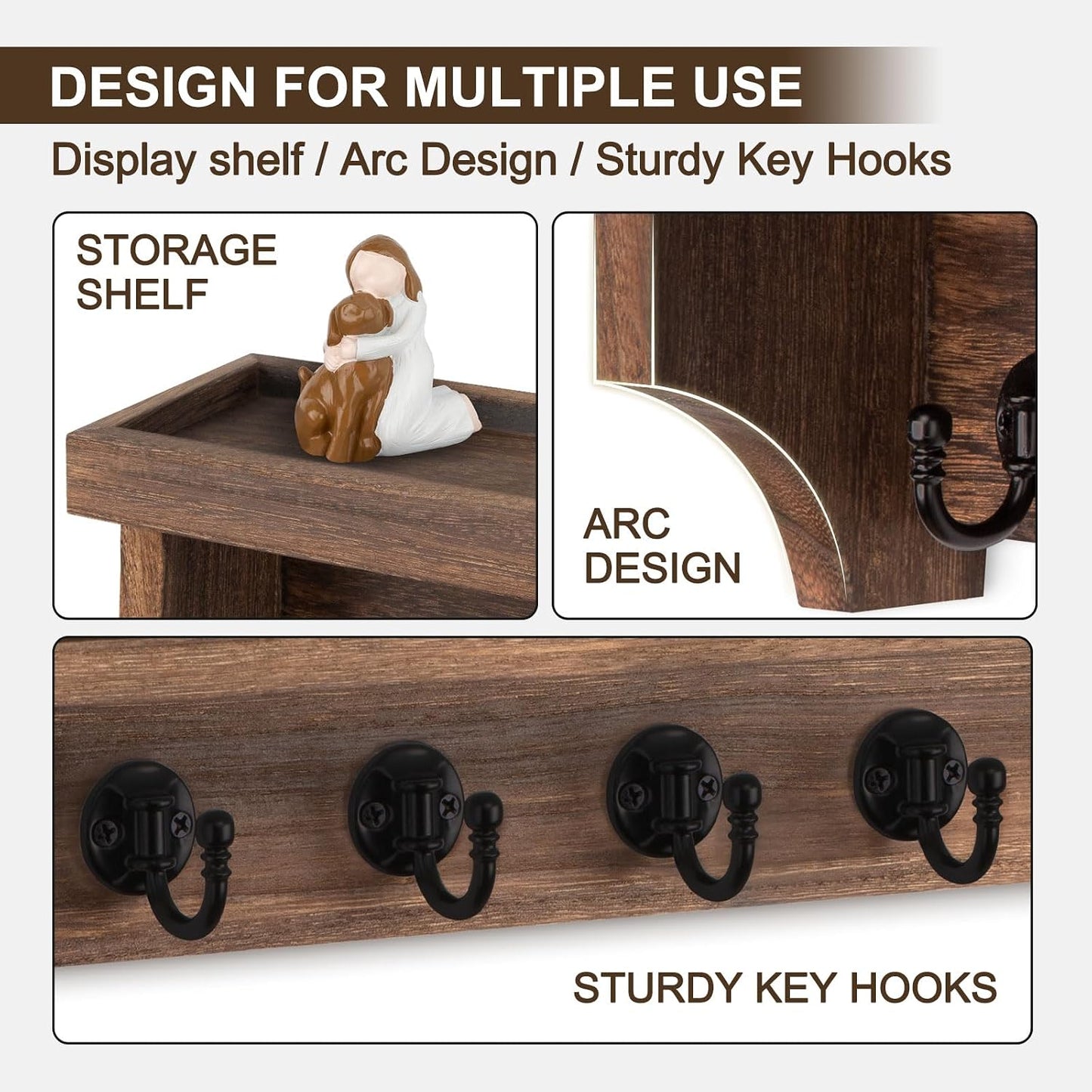 Key and Mail Holder Wall Mount, Mail Organizer with 5 Key Hooks | Key Holder with Shelf, Key Holder for Coat, Dog Leash, Home Decor Rack, Entry Way Organizer