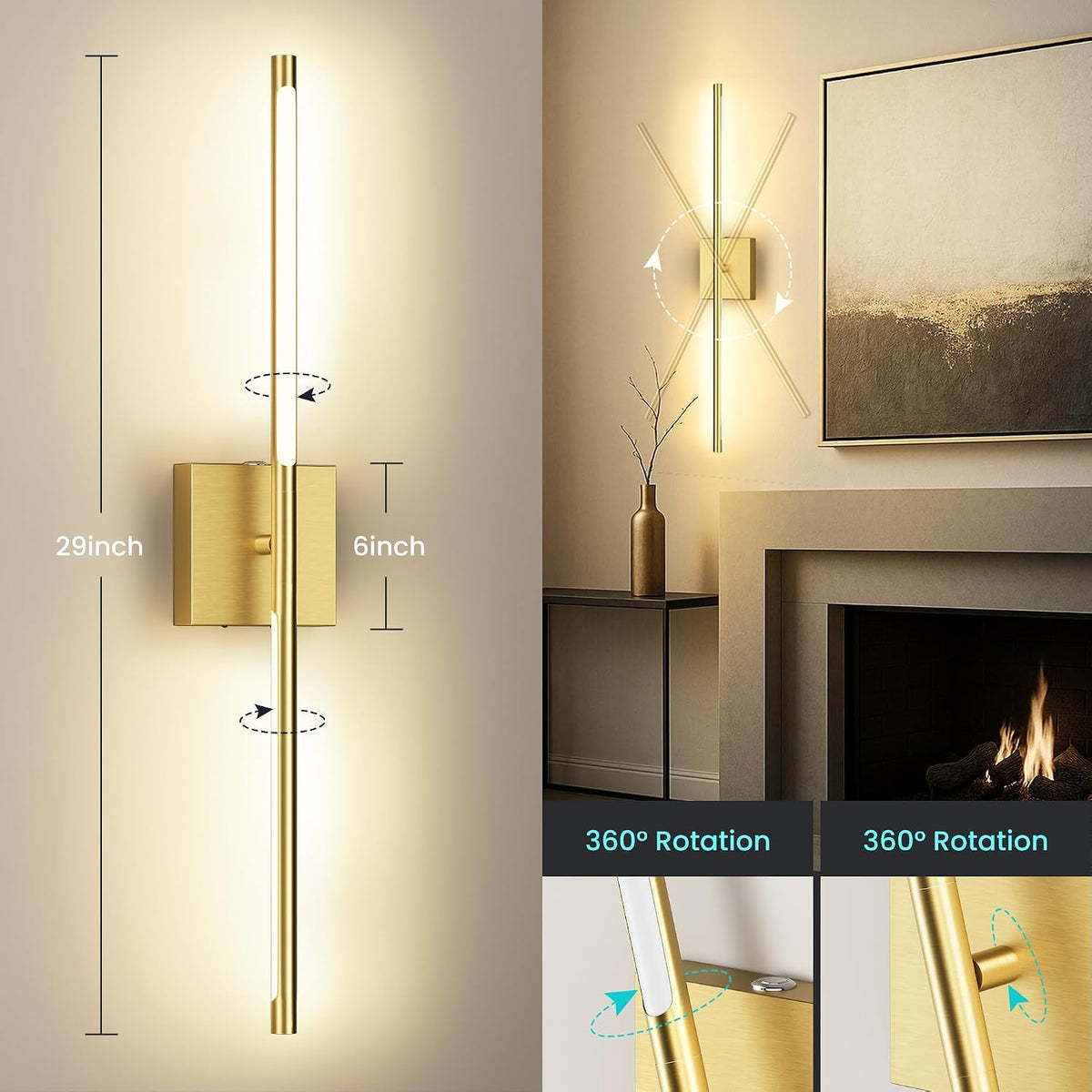 10000mAh Rechargeable Wall Lights, Black Gold, 29 Inch, 3CCT, 2 Pack