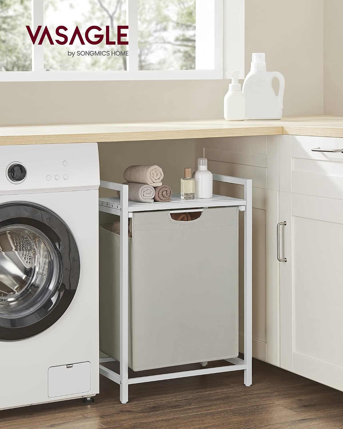 VASAGLE Laundry Hamper, Laundry Basket Sorter with 3 Pull-Out and Removable Bags, Shelf, Metal Frame, 3 x 10.6 Gallons (40 L), 36.4 x 13 x 28.4 Inches, Cappuccino Beige and Natural Beige UBLH301LH01