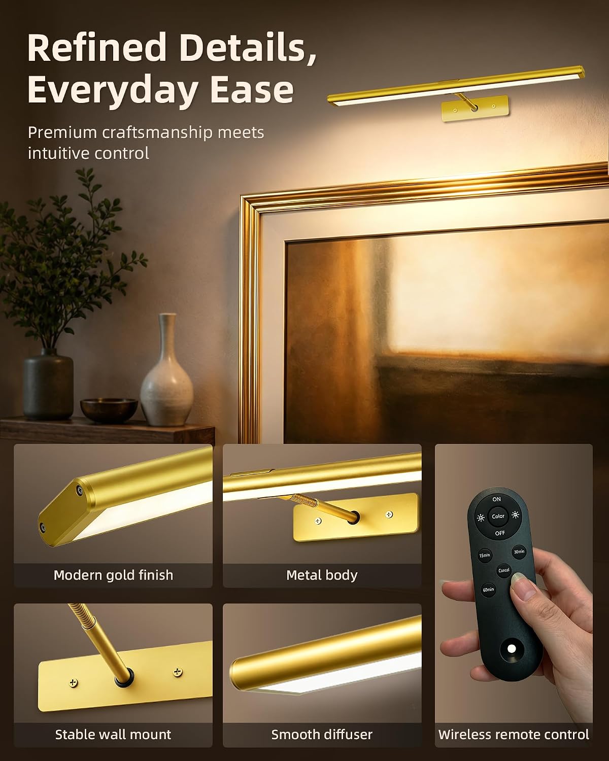 EZVALO Picture Light for Wall, 4800mAh Rechargeable Wireless Gold Light with IR Remote, Dimmable Magnetic LED Art Display Light with 3 Color Temperatures, for Gallery, Living Room, Bedroom(2Pack)