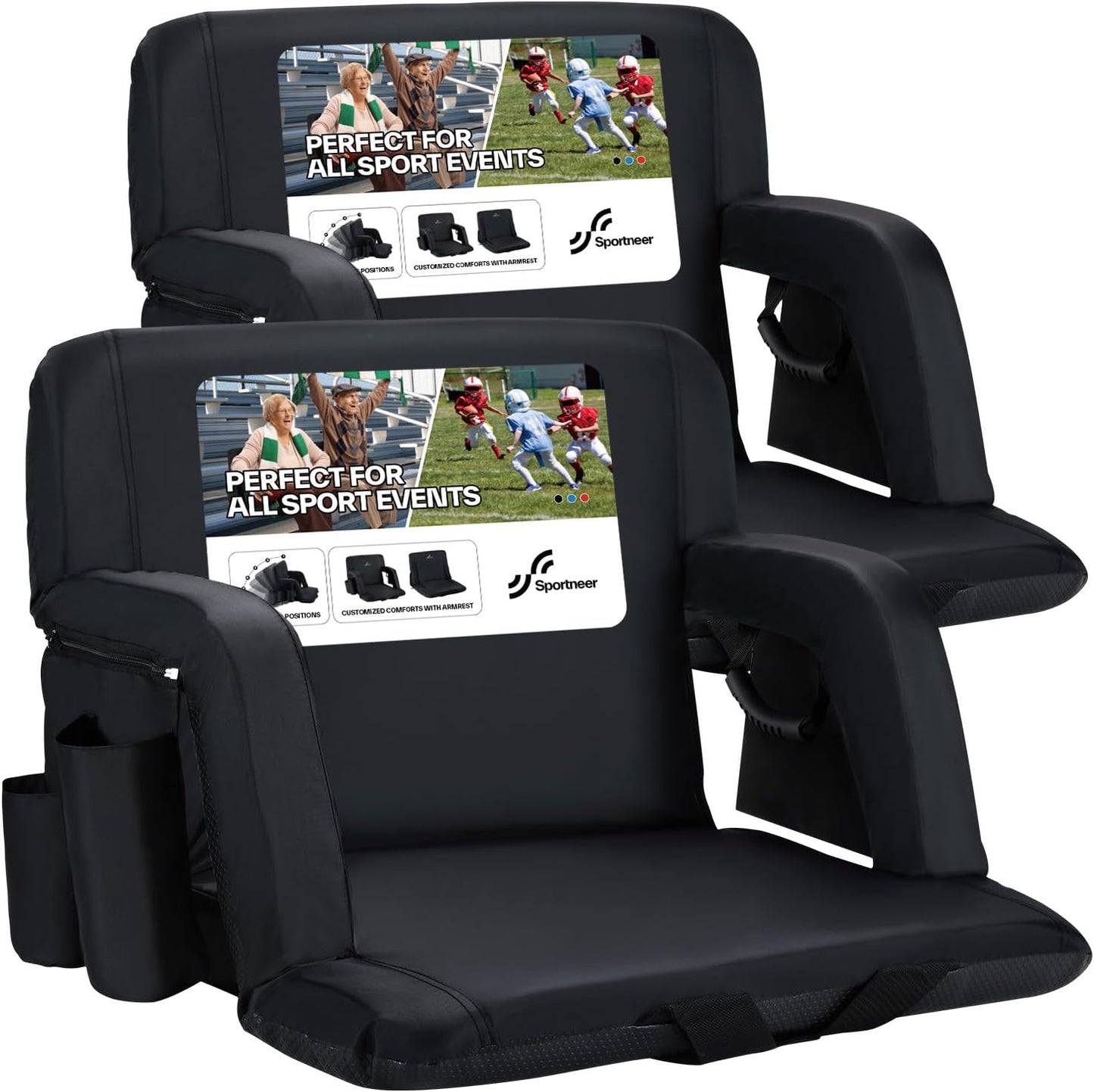 Sportneer Stadium Seats with Back Support: 2.5'' Thick Comfy Cushion 6 Adjustable Angle Bleacher Seat with Armrest - 2 Large Pockets, 2 Cup Holders Stadium Chair for Sport Events Concerts Parks