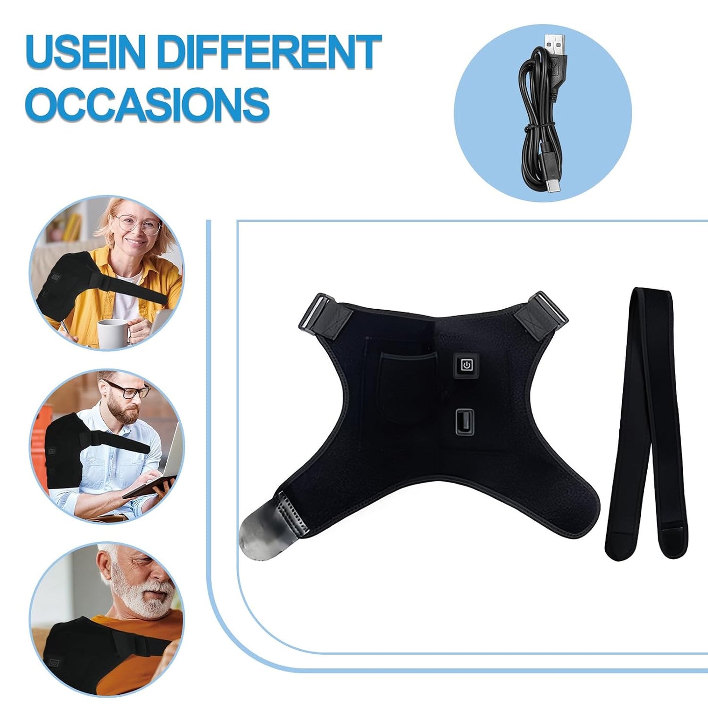 Shoulder Heating Pad with 3 Heat Levels - Adjustable Shoulder Brace for Men & Women, Powered by DC Power Sources (e.g., Power Banks)