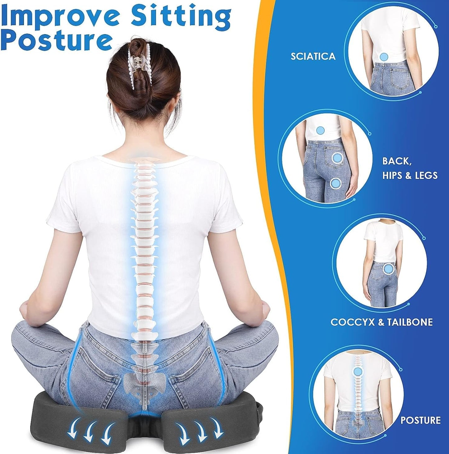 TushGuard Seat Cushion for Office Chair, Car, Memory Foam, Black Large | For Back, Coccyx, Sciatica, Tailbone Pain, Ergonomic Design, Non-Slip, Desk Wheelchair Use, Supportive Butt Pillow, For Man