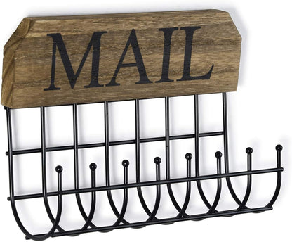 SRIWATANA Key Holder Wall Mount with 5 Hooks, Metal Mail Organizer, Black | Key Hooks for Wall, Mail Storage Basket, 10.8''L x 2.6''W x 4.5''H, Mail Holder for Wall for Home Office Entryway Hallway