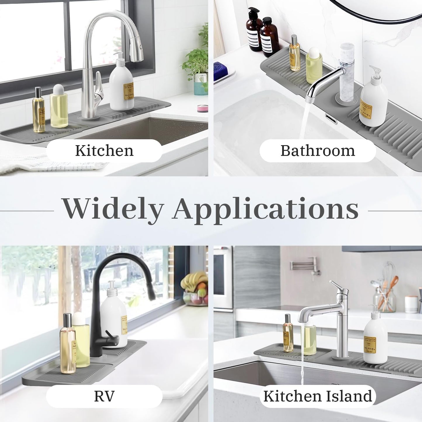 PoYang 23.6 Inch Silicone Sink Splash Guard, Kitchen Sink Mat, Light Grey | Faucet Mat with Wide Drainage & Cuttable Hole, Keeps Faucet Base Dry, Long & Short Sink Protectors for Kitchen, Bathroom & RV