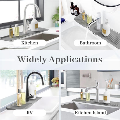 PoYang 23.6 Inch Silicone Sink Splash Guard, Kitchen Sink Mat, Light Grey | Faucet Mat with Wide Drainage & Cuttable Hole, Keeps Faucet Base Dry, Long & Short Sink Protectors for Kitchen, Bathroom & RV