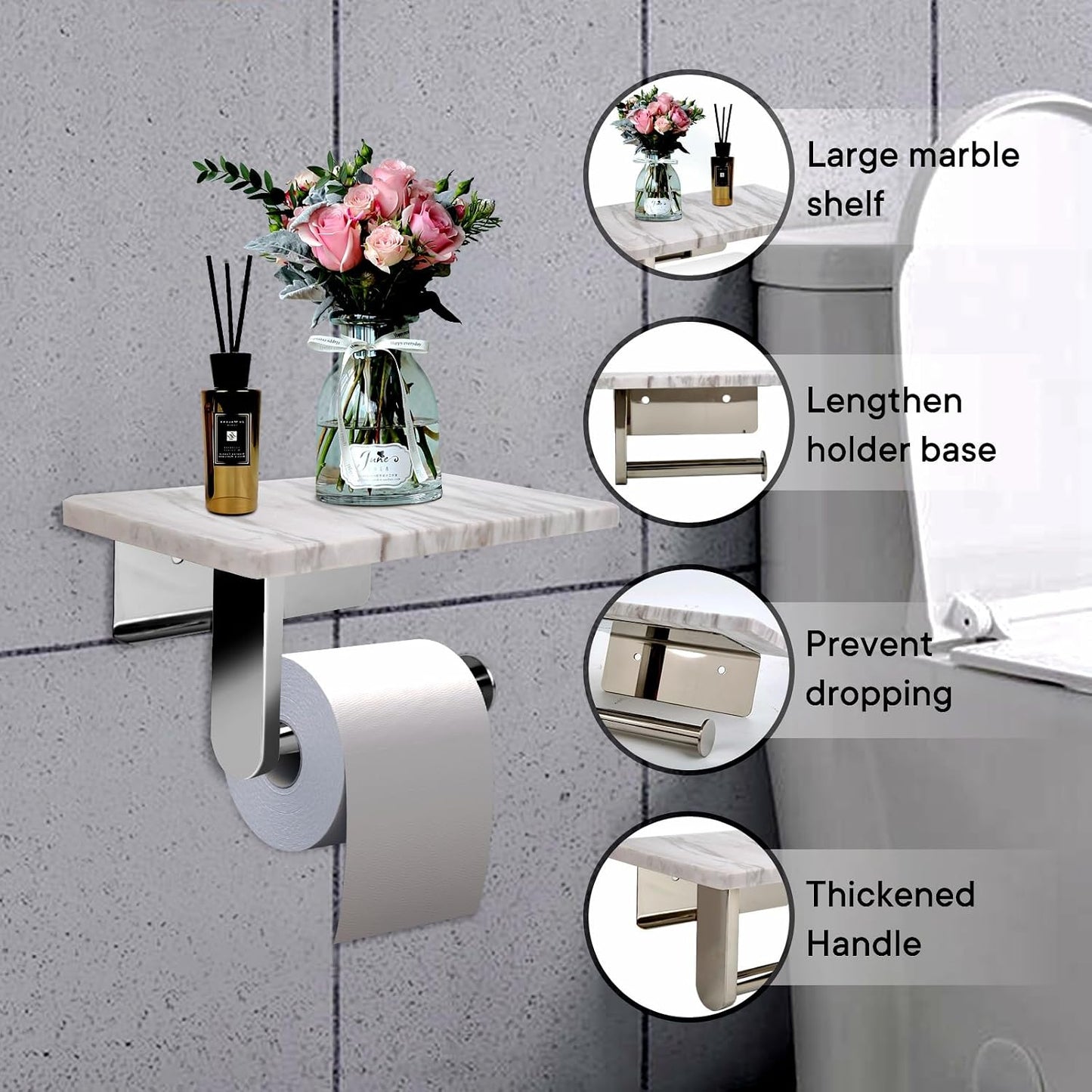 Toilet Paper Holder with Natural Marble Shelf for Bathroom Washroom,Wall Mounted Tissue Holder Suitable for Mega Roll (Brushed Nickel,Small 6.7 * 4.3 in)