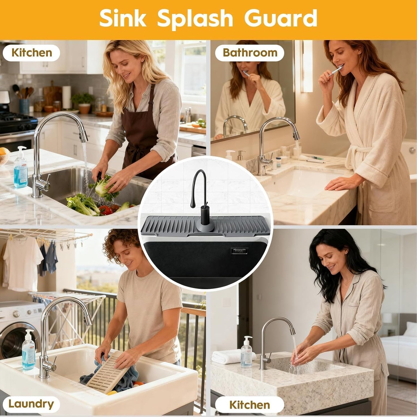 16" Silicone Faucet Mat for Kitchen Sink of The Lastest, Beige | 8° Slope Fast Self-draining, Kitchen Sink Water Splash Guard, Behind Faucet Draining Mat, for Bathroom Kitchen Sink Area