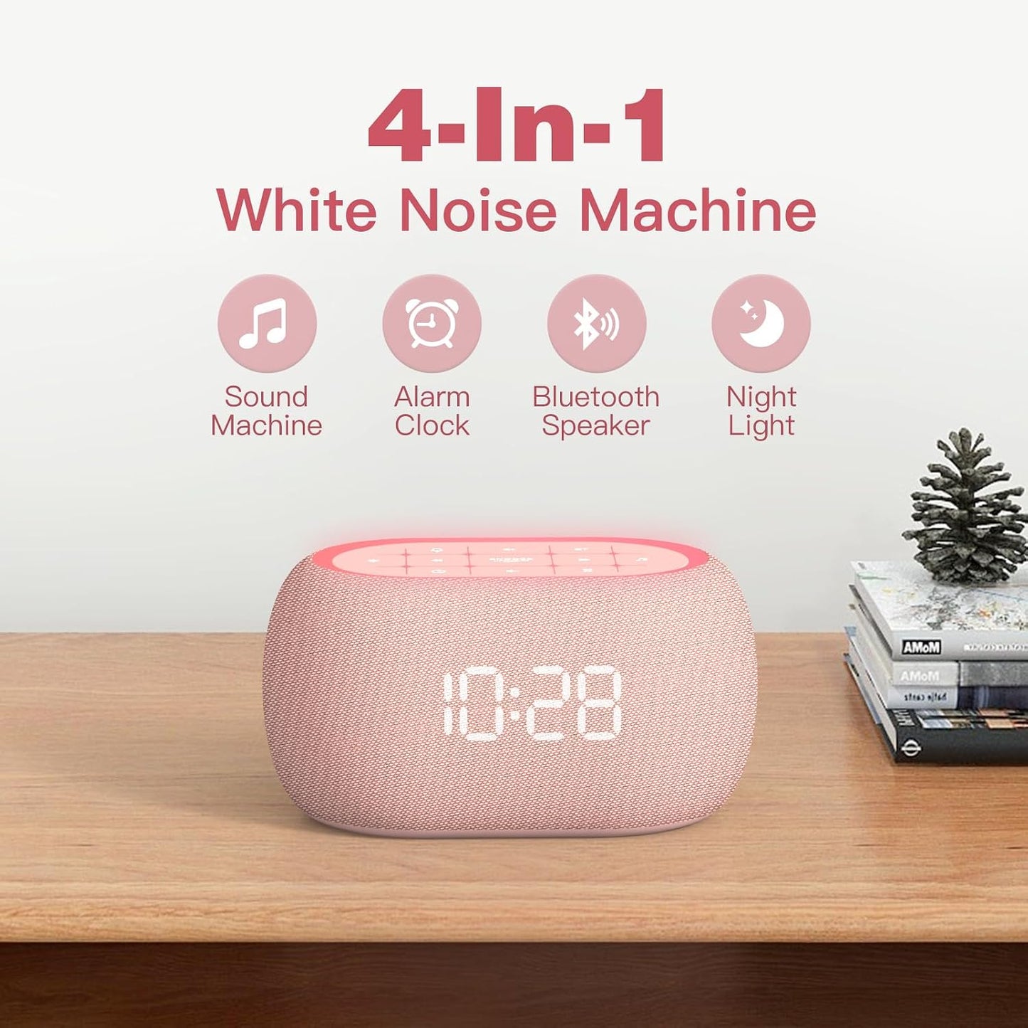 ANJANK White Noise Sound Machine Alarm Clock with Hi-Fi Bluetooth Speaker, 21 Soothing Sounds/7 Night Lights, 0-100% Dimmer/Sleep Timer/Volume Control, Soother for Adults Kids Sleeping, Bedroom, White