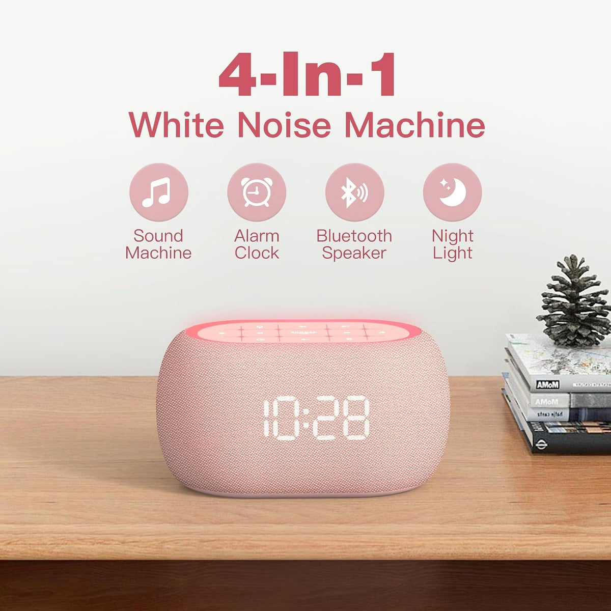 ANJANK White Noise Sound Machine Alarm Clock with Hi-Fi Bluetooth Speaker, 21 Soothing Sounds/7 Night Lights, 0-100% Dimmer/Sleep Timer/Volume Control, Soother for Adults Kids Sleeping, Bedroom, White