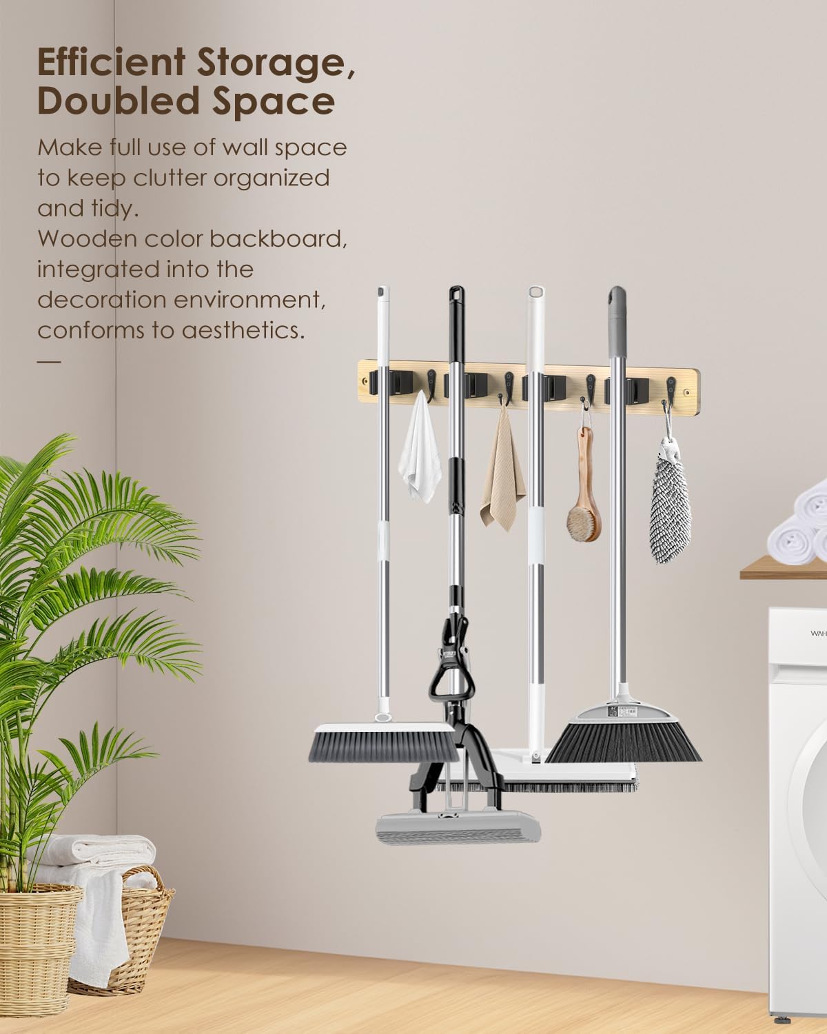Broom Holder Wall Mount, 4 Holders 4 Hooks Mop and Broom Organizer | Mop Holder Wall Mount and Broom Hanger for Garage, Laundry Room, Kitchen and Utility Storage