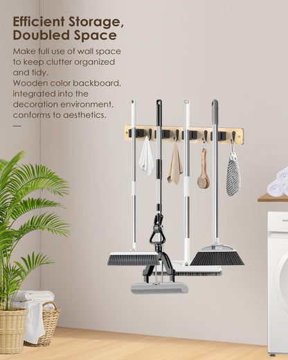 Broom Holder Wall Mount, 4 Holders 4 Hooks Mop and Broom Organizer | Mop Holder Wall Mount and Broom Hanger for Garage, Laundry Room, Kitchen and Utility Storage