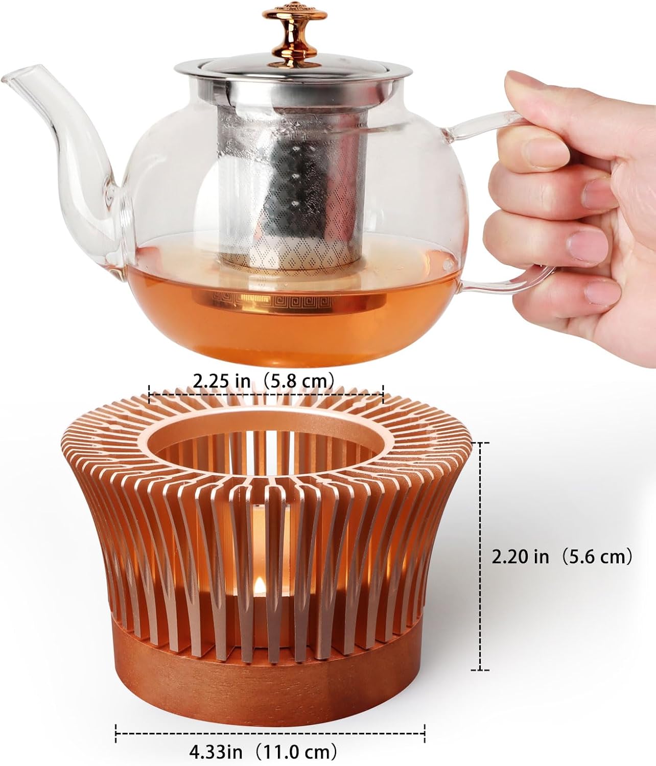 Tea Warmer, Aluminum Alloy & Wood, for Heating Tea Coffee Milk | Magnolia Flower Design, Golden, Short Teapot Warmer for Indoor & Outdoor