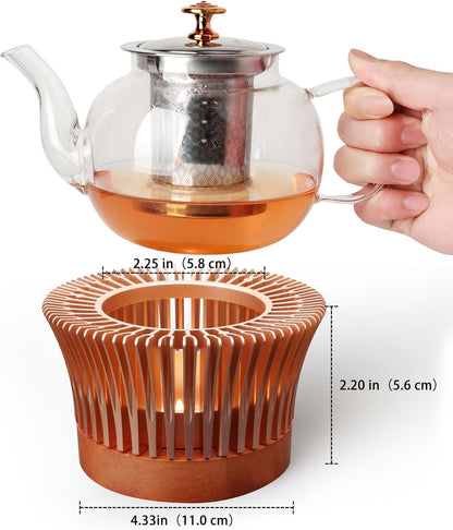 Tea Warmer, Aluminum Alloy & Wood, for Heating Tea Coffee Milk | Magnolia Flower Design, Golden, Short Teapot Warmer for Indoor & Outdoor