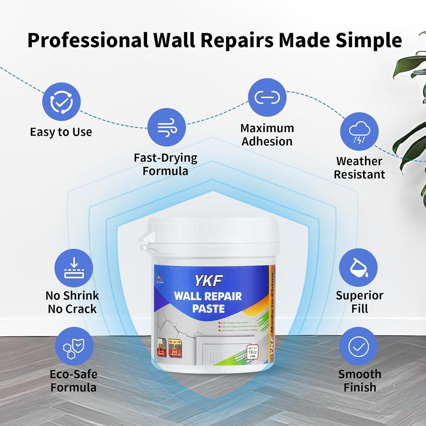 YKF Drywall Repair Kit, 18 oz Ready to Use Quick Dry Wall Repair Paste with Scraper and Self-Adhesive Mesh, White Spackle Putty for Small Holes, Nail Holes, Dents and Cracks