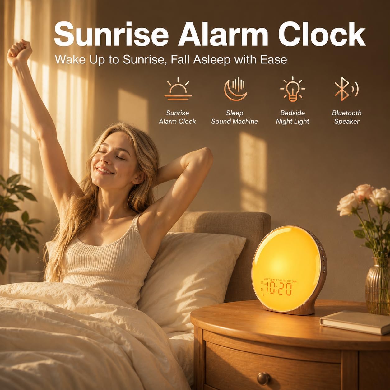 JALL Full-Screen Wake Up Light Sunrise Alarm Clocks for Bedrooms, White Noise Machine for Heavy Sleepers, 25 Natural Sounds, Dual Alarms, FM Radio, 17 Dimmable Colors, Bluetooth Speaker