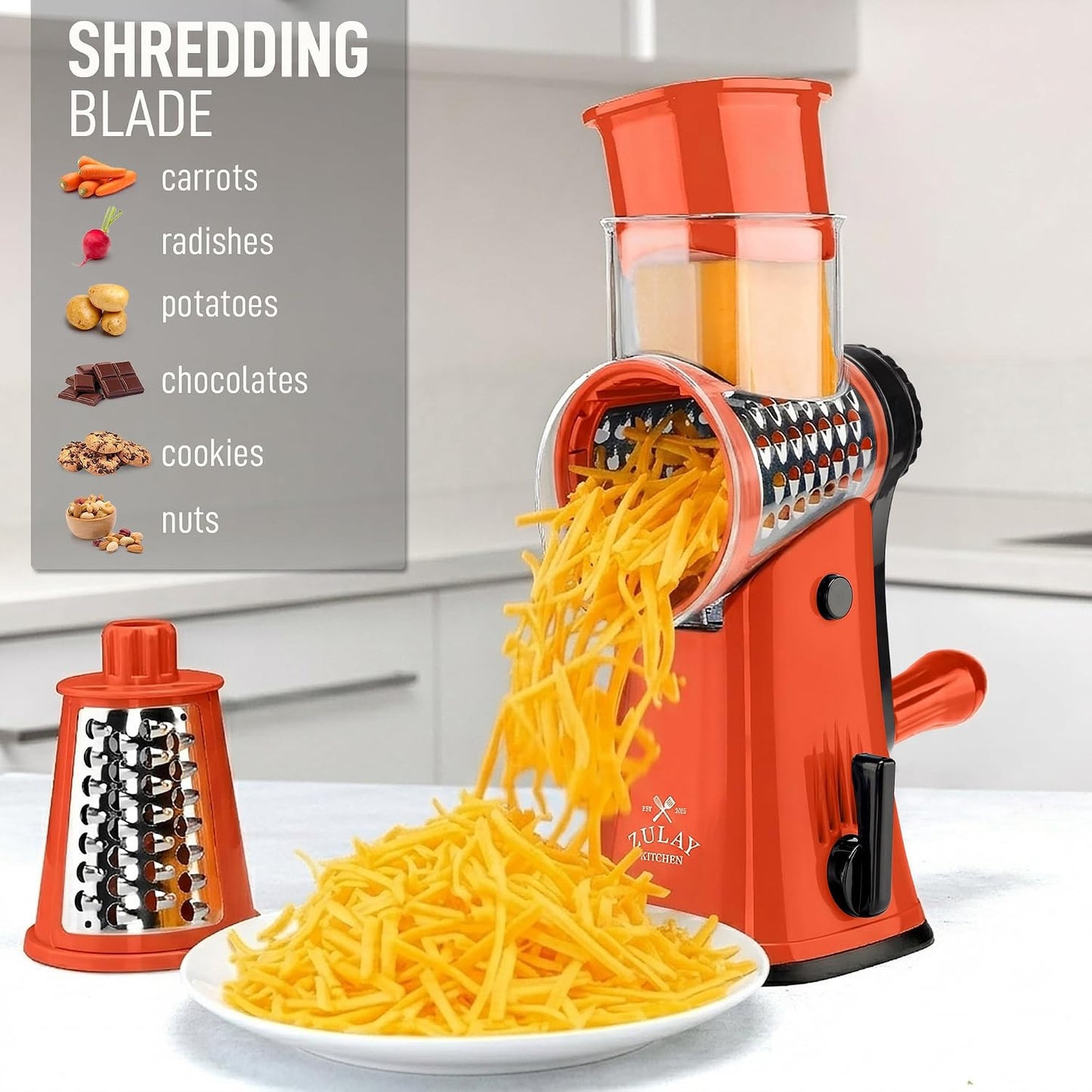 Zulay Kitchen Rotary Cheese Grater 5 Blade Cheese Shredder - Manual Hand Crank Cheese Grater With Reinforced Suction & 5 Interchangeable Drums - Easy to Use, Vegetable Chopper Round Mandoline Slicer - Colors B