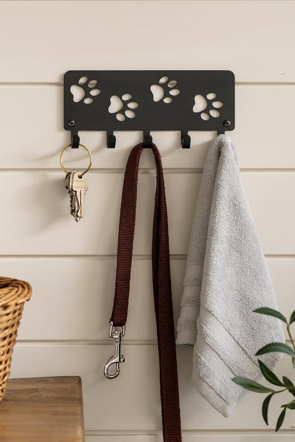 Walking Paws Key Rack Dog Leash Organizer - Large 9 inch | Made in USA. 5 Hooks. Wall Mounted