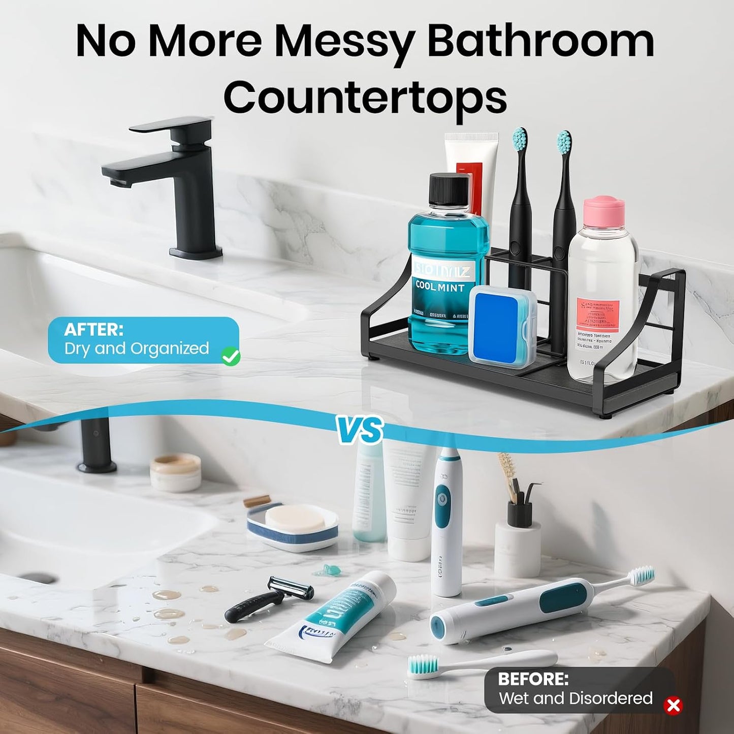 Toothbrush Holder with Quick Drying Mat—Toothbrush and Toothpaste Holders for Bathrooms—5 Slots Openwork Design Black Toothbrush Holder Set,Bathroom Counter Organizer for Electric Toothbrush