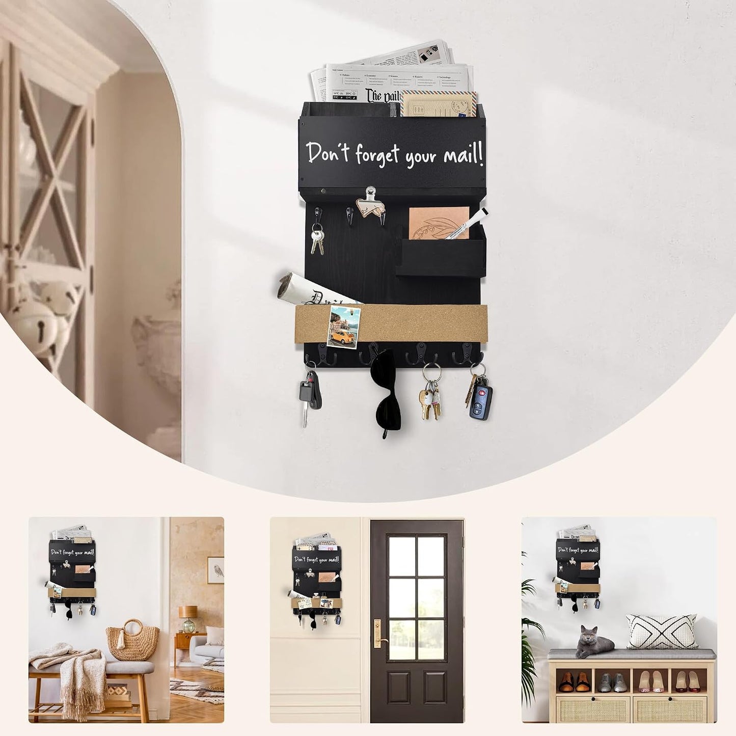Key Holder for Wall Mount with Shelf and Mail Organizer, Key and Mail Holder with 16 Hooks, Farmhouse Entryway Organizer, Home Decor Rack (Pine Wood, White Washed)