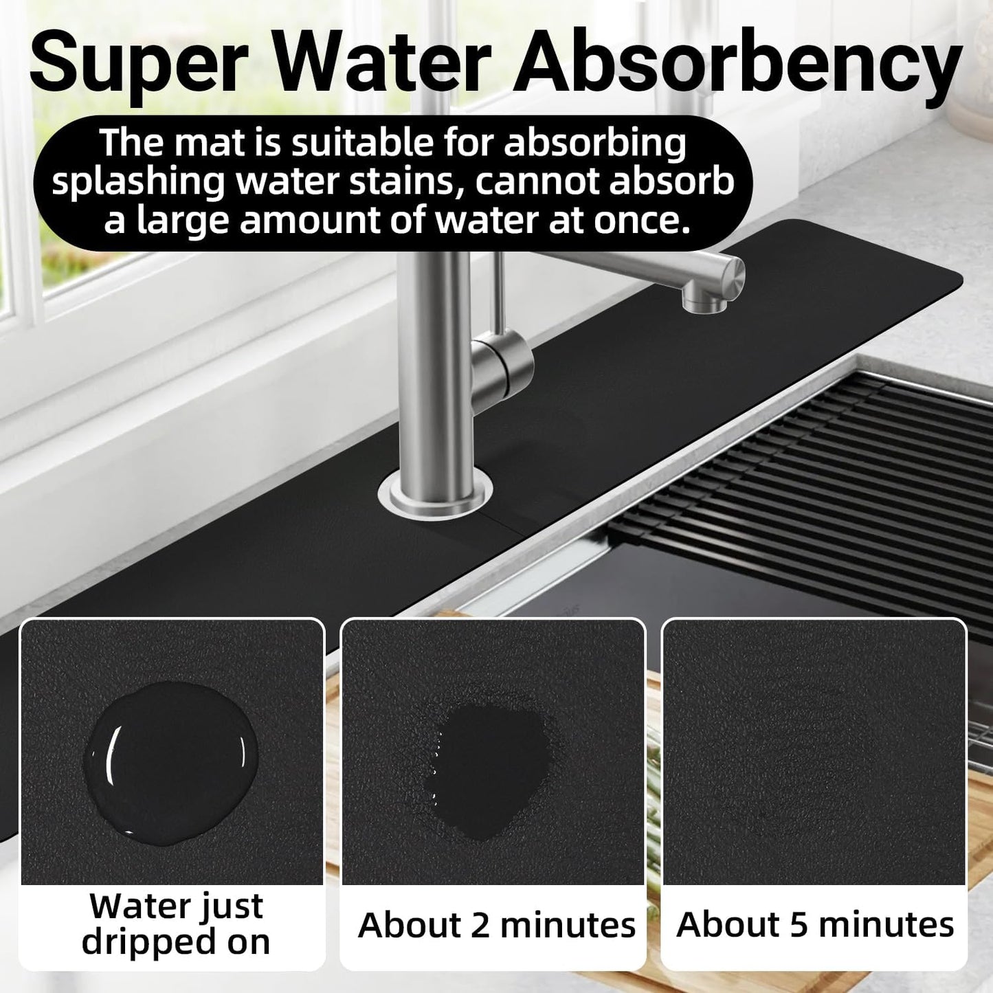 LOPNUR Cuttable Faucet Mat for Kitchen Sink, Extra Long 29 Inch, Black | Super Absorbent & Fast Dry Diatomite Sink Splash Guard, 0.8-2.4 Inch Adjustable Faucet Hole, Cut to Fit Bathroom & RV Sinks
