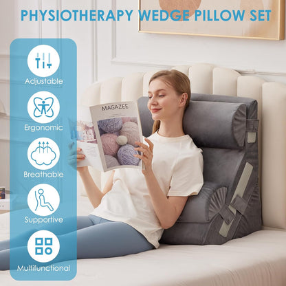 MEGCXIT 3PCS Bed Wedge Pillow for Headboard, Adjustable Wedge Pillow for Sleep Apnea, 23” Wide Triangle Pillow Wedge Set for After Surgery, Acid Reflux Relief, Snoring, Neck&Back Support, White/Grey