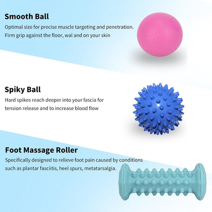 Foot Massager Roller Set for Plantar Fasciitis, Arch and Heel Pain Relief | Includes Foot Roller, lacrosse and spiky massage balls for deep tissue trigger point muscle therapy and neuropathy relief