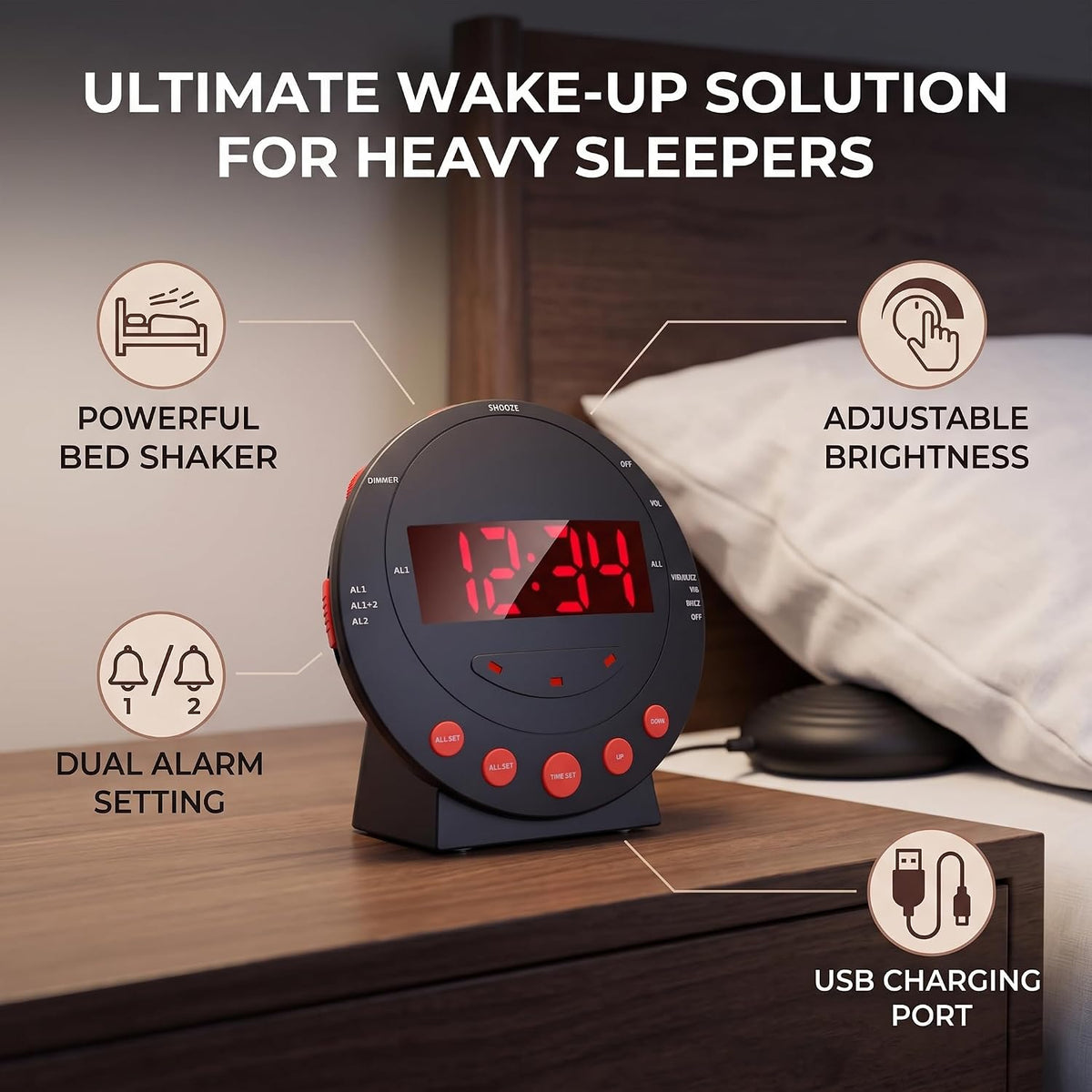 Yosoo Health Gear Loud Alarm Clock with Bed Shaker, Vibrating Alarm Clock with Adjustable LED Display Dual USB Charging Ports for Heavy Sleepers Adults Teens